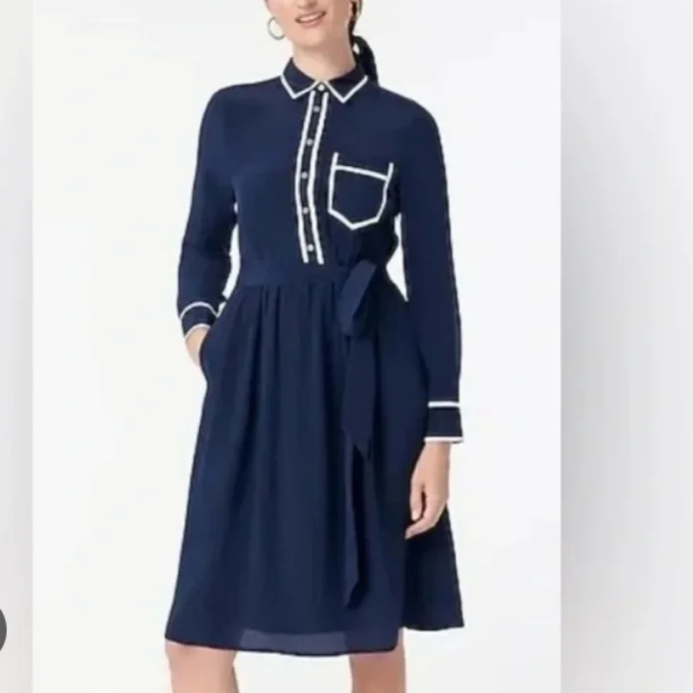 J.crew Navy Blue 100% Silk A Line Shirt Dress with White Trim Sz-12